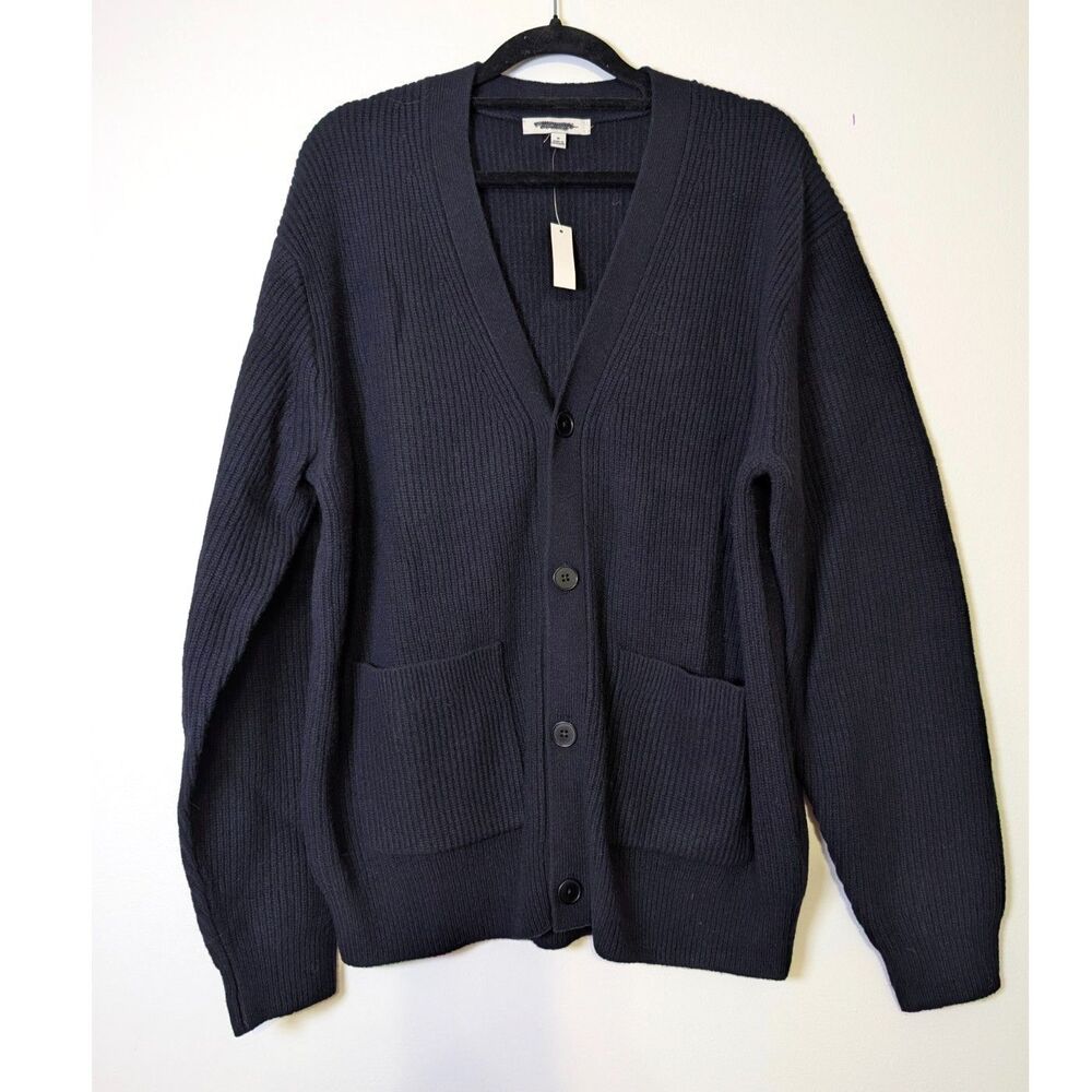 NWT Madewell Navy Ribbed V-Neck Button-Up Cardigan 100% Merino Wool